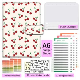 ALKKDPS Budget Binder with Cash Zipper Envelopes, Cute A6 Money Saving Binder, PU Leather Money Organizer, Cash Envelopes and 12 Expense Budget Sheets for Budgeting White Red Cherries