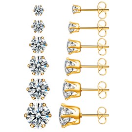 6 Pairs Hypoallergenic Stainless Steel Stud Earrings Cubic Zirconia Earrings Set 14K Gold Plated Multipack 3-8mm