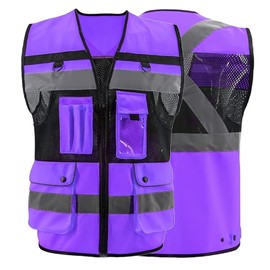 ZUJA Safety Vest High Visibility - ANSI/ISEA Standards Pockets and Mesh Lining Reflective Vest for Men & Women(Purple,S)