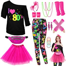 WlLDPARTY 80s Outfit Women Costume Accessories Set, T Shirt Leggings Tutu Skirt Fanny Pack Headband Earring Necklace Fishnet Gloves Legwarmers 80s Party Outfits (Color-Leggings)-Plus-S