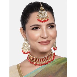 Aheli Kundan Choker Necklace Set with Earrings Manng Tikka Set Indian Traditional Wedding Jewelry for Women (Red)