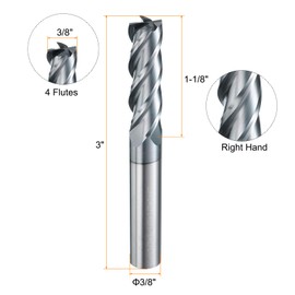 HARFINGTON Carbide Square Nose End Mill Bit 3/8" Cut Dia 4 Flutes TiAlN Coated Milling Cutter for Hardened Steel Metal (3/8" Shank 1-1/8" Cut Length 3" Long 30 Degree Helix HRC53-55)