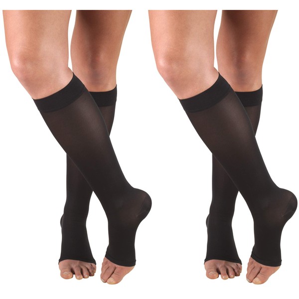Truform Women's Compression 15-20 mmHg Knee High Open Toe Stockings Black, Large, 2 Count