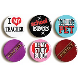 6 x"SCHOOL DISCO" SCHOOLGIRL FANCY DRESS PARTY BADGES BUTTONS PINS (1inch/25mm diameter)