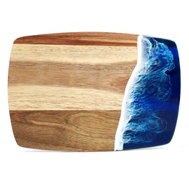 HALNYHYFD Acacia Wood Cutting Board with Resin Wave Design, Versatile Kitchen Chopping Board for Meat, Vegetables, Fruits, Cheese & Charcuterie, Blue Ocean Vibes Elegant Serving Tray, 14x9.8 Inches