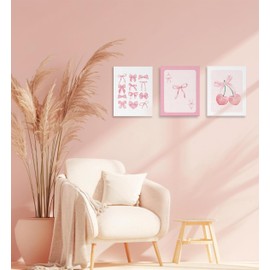 LiTiu Canvas Wall Art, Coquette Preppy Room Decor Aesthetic, Canvas Prints Set of 3, Pink Bows Cherry Preppy Coquette Wall Decor for Girls Bedroom Dorm 11x14 in