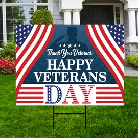 Veterans Day Yard Sign Decoration - Coroplast Happy Veterans Day Sign, Support Our Troops Thank You Veterans Yard Sign with Metal H-Stake, VP2015