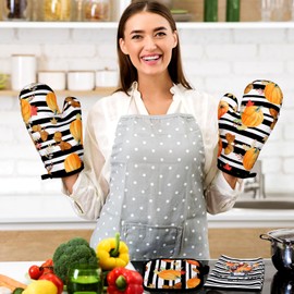 Bencailor 6 Pcs Fall Pumpkin Oven Mitts and Kitchen Towel Sets Vintage Autumn Kitchen Dish Soft Absorbent Pumpkin Pot Holders for Cooking Baking Grilling Supply Thanksgiving Harvest (Striped)