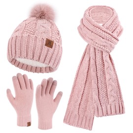 ZASFOU Women's Winter Hat Scarf Touchscreen Gloves Set Thermal Chenille Knitted Hat Beanie Winter Hat Scarves Winter Scarf Winter Gloves Gift for Women, pink