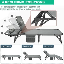 LILYPELLE Portable Folding Camping Cot, Adjustable 5-Position Adults Reclining Folding Chaise with Pillow, Outdoor Portable Folding Lounge Chair Sleeping Cots Bed for Camping, Pool, Beach, Patio