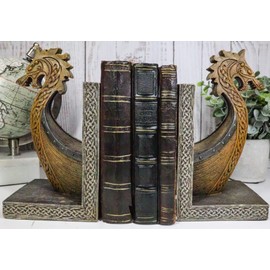 Ebros Gift Nautical Coastal Sea Kingdom Scandinavian Viking Dragon Longship Prow Ship Bookends Set of Two Figurines Ancient Legends Library Office Study Desk Shelf Bookend Sculptures
