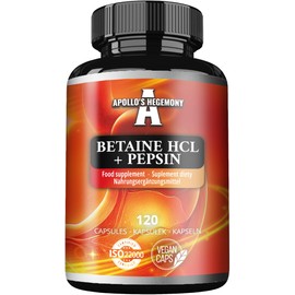 Betain HCl 500 mg + Pepsin - 120 Vegane Kapseln - 120 Portionen in einer Packung - Unterstützt die Effizienz der Verdauung - von Apollo's Hegemony