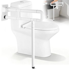 Flip Up Handicap Grab Bar, Hybodies Wall Mounted Folding Toilet Safety Rail with Floor Support, Non-Slip Toilet Handle for Bathroom, Assist Bar Handrails for Elderly Disabled Senior Pregnant