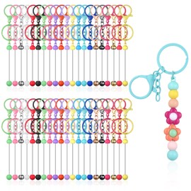 Exclaith 42 Pcs Beadable Keychains Bulk Kit Blank Beaded Metal Keychain Colorful Metal DIY Multicolor Keychains Bars DIY Keychain Making Supplies for Crafts Jewelry Making