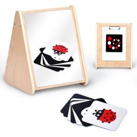 KRAND Baby Double-Sided Tummy Time Mirror w/ 2 Package High Contrast Visual Stimulation Cards, Sensory Activity Montessori Toys for 0-18+ Months Boys Girls