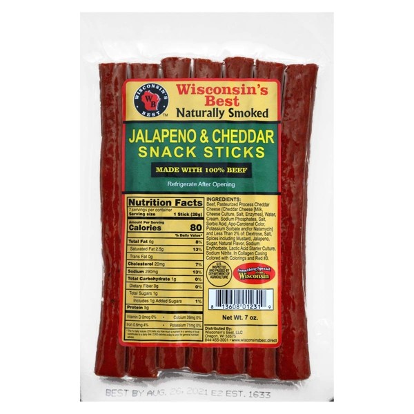 WISCONSIN'S BEST - 100% Beef Jalapeno N Cheddar Cheese Snack Sticks, 7oz. Pack (Pack of 7-1oz. Sticks) 100% Wisconsin Cheddar Cheese - Excellent in Charcuterie Gifts, Snacks for Hiking, Biking, Lunch Snacks, Birthday Gift Boxes and Snack Gift Baskets! High Protein, Low Carb Meat Snack Sticks
