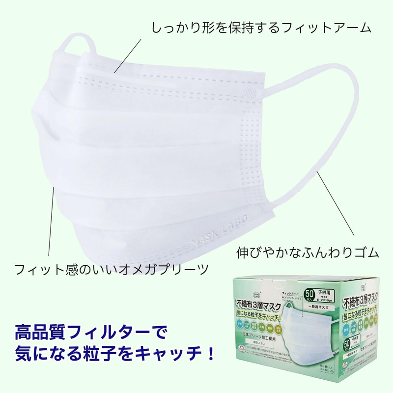 [MASK LABO] 【100枚】不織布３層ﾏｽｸ子供ｻｲｽﾞ50枚入×2個ｾｯﾄ JIS規格一般用ﾏｽｸ 全国ﾏｽｸ工業会 ｵﾒｶﾞﾌﾟﾘｰﾂ やわらか耳紐