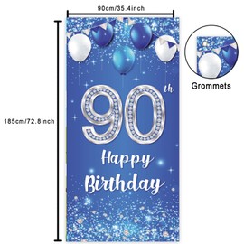 Happy 90th Birthday Banner Backdrop Balloons Crystal Glittery Stars Confetti Theme Decor Decorations for Men Women 90th Birthday Party Cheers to 90th Years Party Bday Supplies Gift Silver and Blue