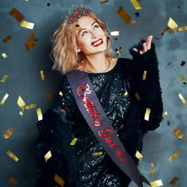 CIEHE Red and Black Birthday Decorations, Queen of Hearts Crown + Black Birthday Girl Sash Set, Birthday Crown and Sash for Women, Birthday Sash for Women Birthday Tiara, Birthday Girl Crown Birthday