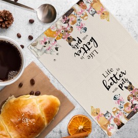 KFXHANGD Life is Better with Pets Cute Pink Dog & Cat Dish Towels, Gifts for Pet Lovers, Hand Towels for Bathroom & Kitchen, 1624Inch