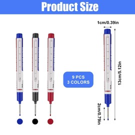 Pack of 9 Deep Hole Markers, Waterproof Pen with 20 mm Long Tip, Drill Hole Marker Impermeables para Wood, Metal, Plastic (Black, Blue, Red)