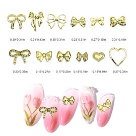 DANNEASY 400Pcs Gold Bow Nail Charms 3D Bowknot Heart Charms for Nails 3D Metallic Bows Nail Studs Nail Art Rivets Stud Manicure Jewelry Kit Nail Art Decoration for Women Girl
