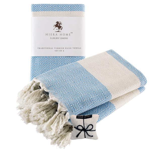 Hiera Home Turkish Hand Towels Set of 2 100% Cotton Decorative Towels for Bathroom, Kitchen, Gym, Yoga, SPA | Soft, Absorbent and Quick Dry Farmhouse Towels (19x39 inches, Light Blue)
