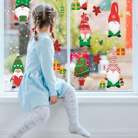 WALPLUS Christmas Window Clings Christmas Decorations Clearance Christmas Wall Sticker Double-Sided Reusable Peel and Stick Removable for Glass Living Room Xmas Gnomes and Snowflakes 63 Pieces