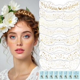 Wugbc Gold Glitter Freckles Face Tattoo 8 Styles, Sparkle Freckles Makeup Patches Cute Face Glitter Makeup Accessories for Women Waterproof Metallic Shiny Gold Foil Faux Freckle Flash Dots