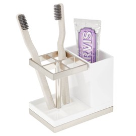 mDesign Plastic Toothbrush and Toothpaste Storage Organizer Holder - Home Decor for Bathroom Countertop - Holds Toiletries and Beauty Accessories - Lumiere Collection - White/Brushed