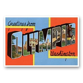 GREETINGS FROM OLYMPIA, WA vintage reprint postcard set of 20 identical postcards. Large Letter Olympia, Washington city name post card pack (ca. 1930's-1940's). Made in USA.