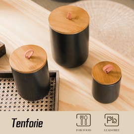 Tenforie Black Canister Sets for Kitchen, 3pcs Ceramic Canisters with Airtight Wooden Lid, Food Storage Jar, Large Kitchen Storage Containers for Serving Coffee Beans, Tea, Sugar, Salt, Spices