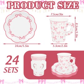 FYSUIMU 48 Pcs Paper Tea Cups and Plates Pink Bow Party Supplies Bowknot Disposable Paper Teacups and Saucer Sets Coquette Birthday Decorations for Wedding Baby Shower Tea Party, Serve 24