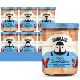 ONBOARD Yellowfin Tuna Fillets, Mediterranean Seafood Diet | Pescatarian Jarred Atun, Fresh Sea Tuna Salad | High in Protein - Healthy Ready-to-Eat Snacks, Packed in Glass Jar | (6 Packs, Peruvian Peppers)