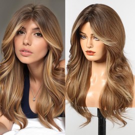 WOKESTAR Natural Long Wigs for Women with Fringe Synthetic Heat Resistant Hair Mixed Brown Wig for Daily Party Cosplay Use