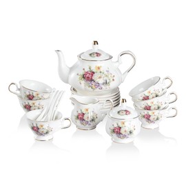 Sweejar Porcelain Tea Set, Vintage British Floral Relief Gold Rimmed Teapot Cup and Saucer Set, Tea Set Service for 6, with Teapot, Sugar Bowl, Milk Jug, Spoons, Tea Cup and Saucer (Flower Style)
