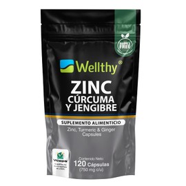 Wellthy Zinc Cúrcuma Jengibre 120 Cápsulas Optizinc Fórmula Patentada Alta Aborción Por Laboratorio Suizo Lonza Solo Cápsula Día Vcaps Veganas Bottle