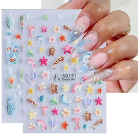 5D Embossed Summer Nail Stickers for Nail Art 2 Sheets Beach Starfish Nail Art Stickers Self-Adhesive Jellyfish Shell Starfish Sea Turtle Coconut Tree Designs Ocean Nail Decals for Women Acrylic Nails