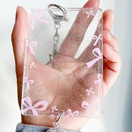 K-pop - Soporte para Tarjetas Fotográficas – Funda Acrílica con Purpurina PC con Llavero, Dije de Lazo Y2K y Funda Protectora – Bonita Funda Transpare
