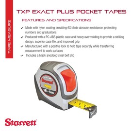Starrett Exact Plus Retractable Imperial/Metric Pocket Tape Measure with Nylon Coating and Black Anodized Steel Belt Clip - 1.06" Width, 16' Length - KTXP106-16ME-N