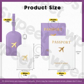 Swpeet 4Pcs White and Purple Blue PU Leather Passport Cover Holder and Luggage Tag Set, 2 Passport Covers 2 Luggage Tags, Passport Holder Travel Suitcase Tag, Passport Covers and Organizer for Travel
