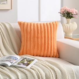 Volcanics Pack of 1 Double-Sided Faux Fur Plush Decorative Throw Pillow Covers 18x18 Inches Soft Fluffy Striped Couch Pillow Cases, Orange