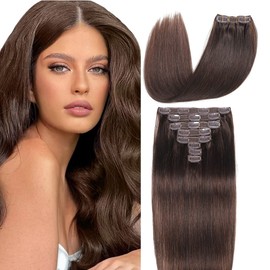 Clip in Hair Extensions Real Human Hair 8 Pieces Straight Real Remy Human Hair Full Head Human Hair Extensions Clip in Double Weft Real Remy Hair (20 Inch,#4 Medium Brown)