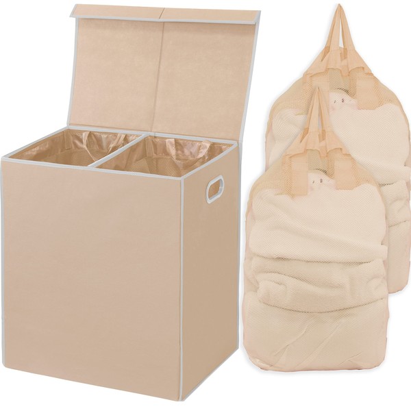 Simple Houseware Double Laundry Hamper with Lid and Removable Laundry Bags, Beige