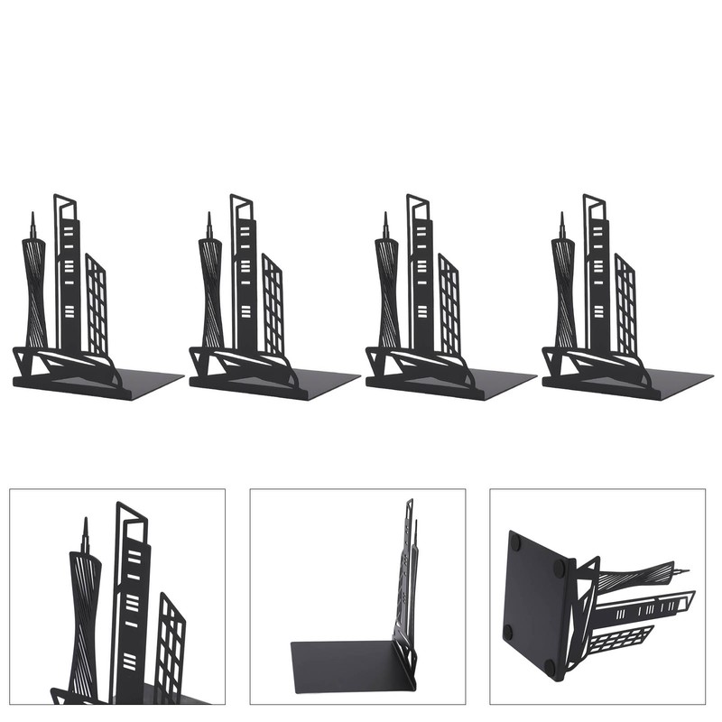 4pcs Bookends Black Architectural Style Decorative Non Slip Metal Desktop