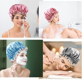 Gorros de Baño 3 Paquetes,Gorros de baño impermeable satinado para mujer, Gorra de Bano Mujer Reutilizable para Bañarse y Dormir Cabello Rizado