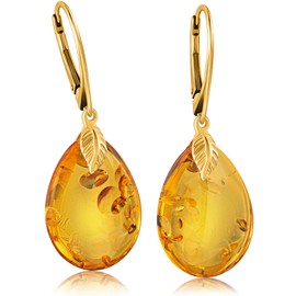 Amber by Mazukna Baltic Amber Drop Earrings for Women, Yellow Gold-Plated, Silver Clasp, 5.5 g Lightweight Semi-Precious Stone Jewellery for Women, 43 x 15mm, Sterling Silver, Amber