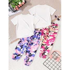 Jolyshlid Girls 4 Pieces Outfits Short Sleeve Printed Tee Tops and Pants Set Multicolor 4-5Y