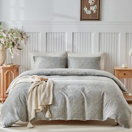 Lekesky 100% Cotton Double Duvet Cover Set Grey Bohemian Bedding - Classic Paisley Print Cotton Duvet Cover Sets (1x Quilt Cover, 2x Pillowcases) Cozy Soft Double Bedding 200x200 cm, Grey