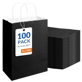 SUNEE Gift Bags with Handles 8x4.3x10.7, 100 Pcs Paper Bags Medium Size Bulk for Gift Wrapping, Retail, Party Favors and Small Business - Black